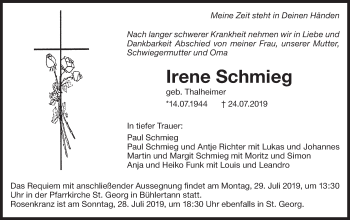 Traueranzeige von Irene Schmieg von Haller Tagblatt