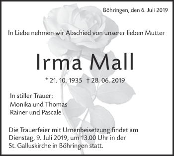 Traueranzeige von Irma Mall von Alb-Bote/Metzinger-Uracher Volksblatt