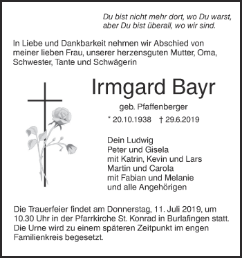 Traueranzeige von Irmgard Bayr von SÜDWEST PRESSE Ausgabe Ulm/Neu-Ulm