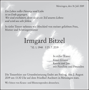 Traueranzeige von Irmgard Bitzel von Metzinger-Uracher Volksblatt