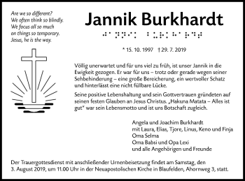 Traueranzeige von Jannik Burkhardt von Hohenloher Tagblatt