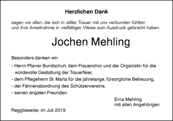 Traueranzeige von Jochen Mehling von Illertal Bote