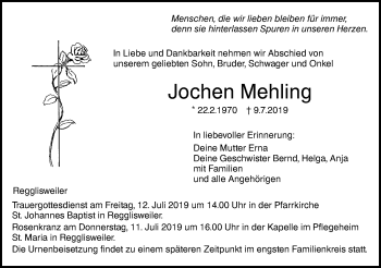 Traueranzeige von Jochen Mehling von Illertal Bote