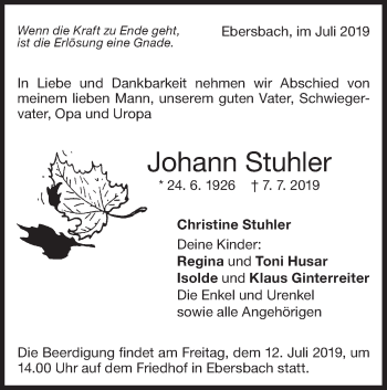 Traueranzeige von Johann Stuhler von NWZ Neue Württembergische Zeitung