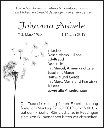 Traueranzeige von Johanna Aubele von SÜDWEST PRESSE Ausgabe Ulm/Neu-Ulm