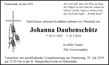 Traueranzeige von Johanna Daubenschütz von Geislinger Zeitung