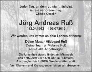 Traueranzeige von Jörg Andreas Ruß von SÜDWEST PRESSE Ausgabe Ulm/Neu-Ulm