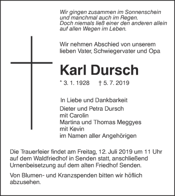 Traueranzeige von Karl Dursch von SÜDWEST PRESSE Ausgabe Ulm/Neu-Ulm