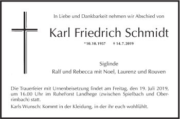 Traueranzeige von Karl Friedrich Schmidt von Hohenloher Tagblatt