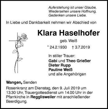 Traueranzeige von Klara Haselhofer von Illertal Bote