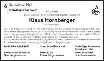 Traueranzeige von Klaus Hornberger von Haller Tagblatt