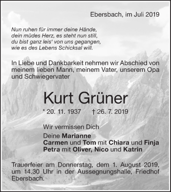 Traueranzeige von Kurt Grüner von NWZ Neue Württembergische Zeitung