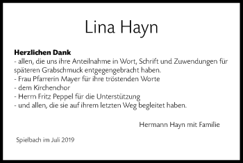 Traueranzeige von Lina Hayn von Hohenloher Tagblatt