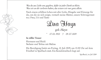 Traueranzeige von Lina Hayn von Hohenloher Tagblatt