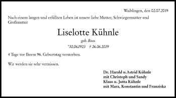 Traueranzeige von Liselotte Kühnle von Haller Tagblatt