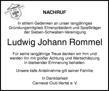 Traueranzeige von Ludwig Johann Rommel von SÜDWEST PRESSE Ausgabe Ulm/Neu-Ulm