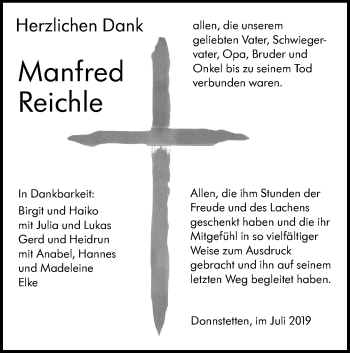 Traueranzeige von Manfred Reichle von Alb-Bote/Metzinger-Uracher Volksblatt