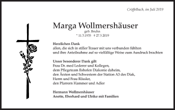 Traueranzeige von Marga Wollmershäuser von Haller Tagblatt