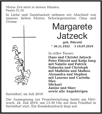 Traueranzeige von Margarete Jatzeck von Hohenloher Tagblatt