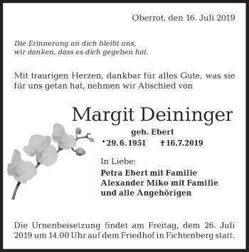 Traueranzeige von Margit Deininger von Rundschau Gaildorf