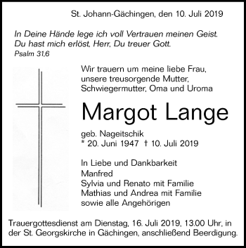 Traueranzeige von Margot Lange von Alb-Bote/Metzinger-Uracher Volksblatt