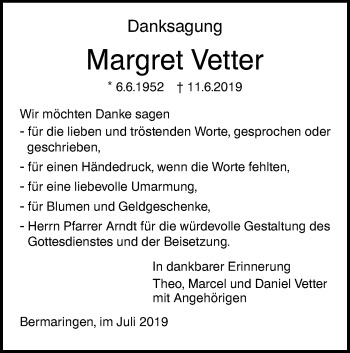 Traueranzeige von Margret Vetter von SÜDWEST PRESSE Ausgabe Ulm/Neu-Ulm