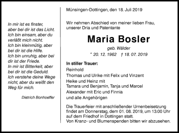 Traueranzeige von Maria Bosler von Alb-Bote/Metzinger-Uracher Volksblatt