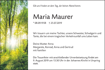 Traueranzeige von Maria Maurer von SÜDWEST PRESSE Ausgabe Ulm/Neu-Ulm