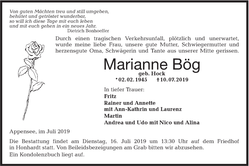  Traueranzeige für Marianne Bög vom 15.07.2019 aus Hohenloher Tagblatt