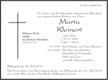 Traueranzeige von Marta Kleinert von Hohenloher Tagblatt