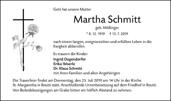 Traueranzeige von Martha Schmitt von SÜDWEST PRESSE Ausgabe Ulm/Neu-Ulm