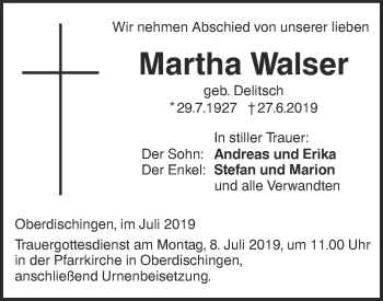 Traueranzeige von Martha Walser Walser von SÜDWEST PRESSE Ausgabe Ulm/Neu-Ulm