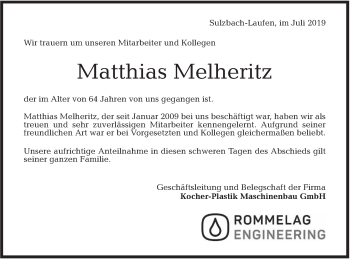 Traueranzeige von Matthias Melheritz von Rundschau Gaildorf