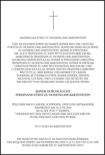 Traueranzeige von Maximilian Fürst zu Hohenlohe-Bartenstein von Hohenloher Tagblatt