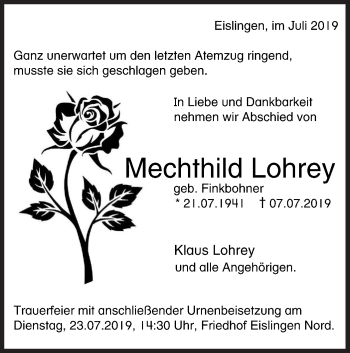 Traueranzeige von Mechthild Lohrey von NWZ Neue Württembergische Zeitung