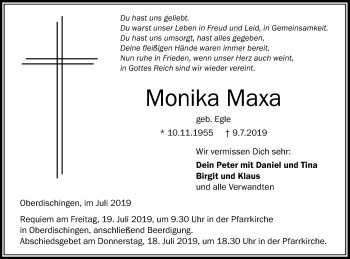 Traueranzeige von Monika Maxa von Ehinger Tagblatt