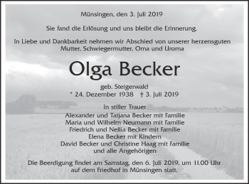 Traueranzeige von Olga Becker von Alb-Bote/Metzinger-Uracher Volksblatt