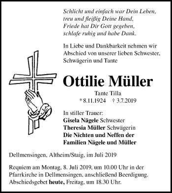 Traueranzeige von Ottilie Müller von SÜDWEST PRESSE Ausgabe Ulm/Neu-Ulm