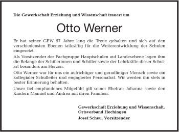 Traueranzeige von Otto Werner von Hohenzollerische Zeitung