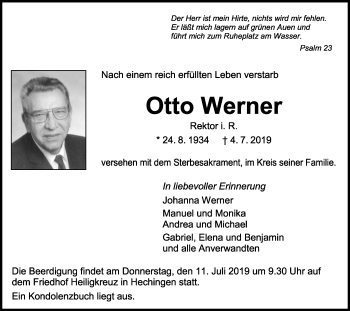 Traueranzeige von Otto Werner von Hohenzollerische Zeitung