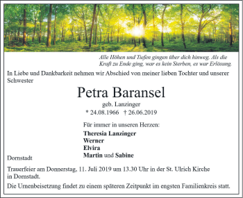 Traueranzeige von Petra Baransel von SÜDWEST PRESSE Ausgabe Ulm/Neu-Ulm