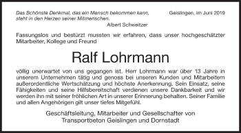 Traueranzeige von Ralf Lohrmann von NWZ Neue Württembergische Zeitung/Geislinger Zeitung