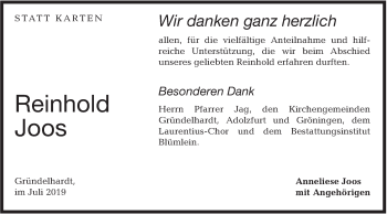 Traueranzeige von Reinhold Joos von Hohenloher Tagblatt