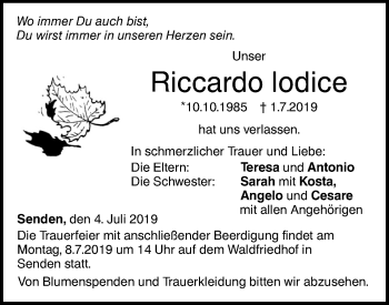 Traueranzeige von Riccardo lodice von SÜDWEST PRESSE Ausgabe Ulm/Neu-Ulm