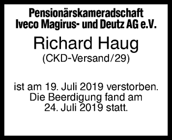 Traueranzeige von Richard Haug von SÜDWEST PRESSE Ausgabe Ulm/Neu-Ulm