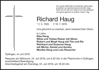 Traueranzeige von Richard Haug von Ehinger Tagblatt