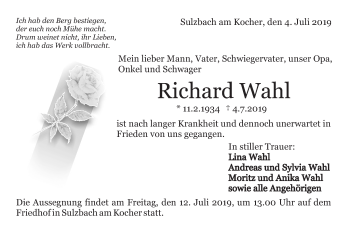 Traueranzeige von Richard Wahl von Rundschau Gaildorf