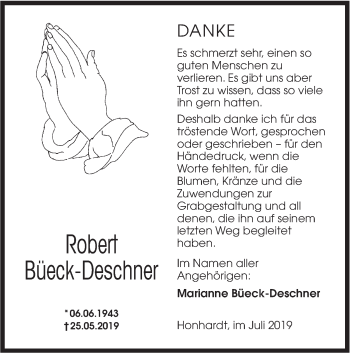 Traueranzeige von Robert Büeck-Deschner von Hohenloher Tagblatt