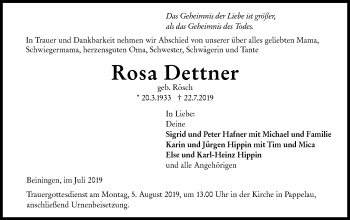 Traueranzeige von Rosa Dettner von SÜDWEST PRESSE Ausgabe Ulm/Neu-Ulm