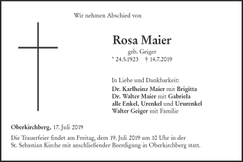 Traueranzeige von Rosa Maier von SÜDWEST PRESSE Ausgabe Ulm/Neu-Ulm